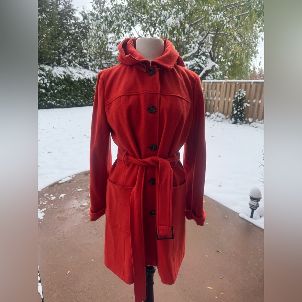 Banana Republic Orange Wool Blend Belted Coat Removable Hood L - Picture 6 of 13